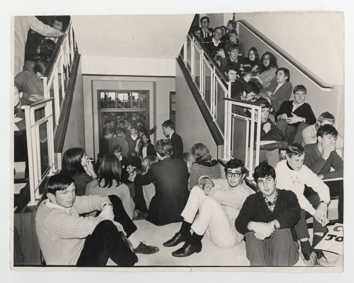 Figure 2: UCT 1968 sit-in protest: inside the occupied administration block (photograph held by UCT Photograph and Clipping Collection—Special Collections, University of Cape Town Libraries, used with permission).