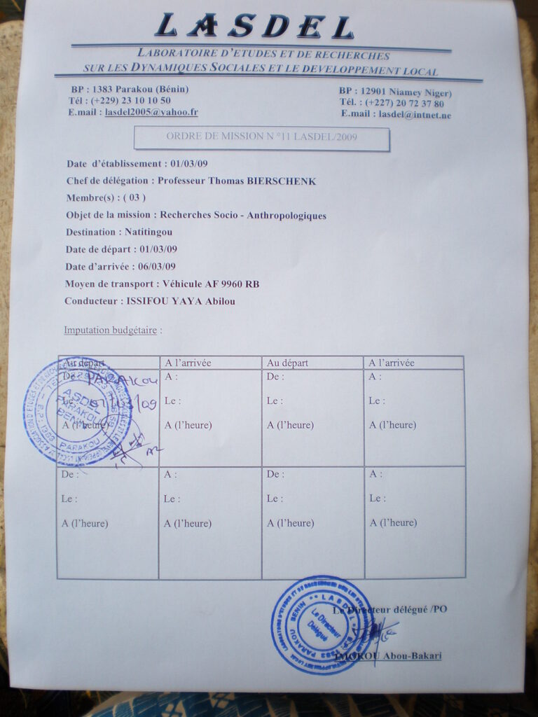 A bureaucratic travel document related to the author's research. The form is officially signed and stamped.