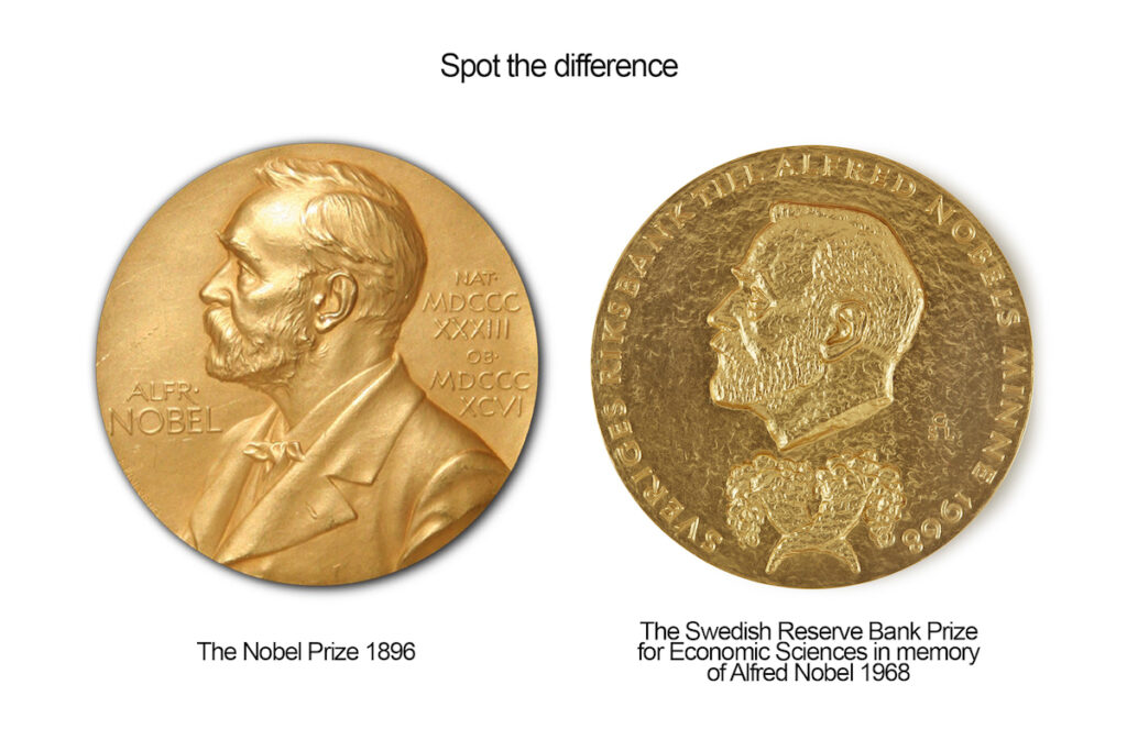 Two gold coins with male profiles side by side. One is labeled "The Nobel Prize 1896," the other "The Swedish Reserve Bank Prize for Economic Sciences in memory of Alfred Nobel 1968." Header text says "Spot the difference."