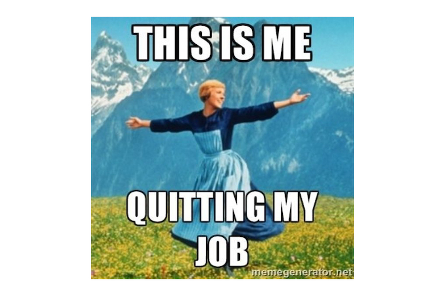 Julie Andrews from the Sound of Music standing in front of a mountain, arms outstretched as she twirls happily. Meme text reads "This is me quitting my job."