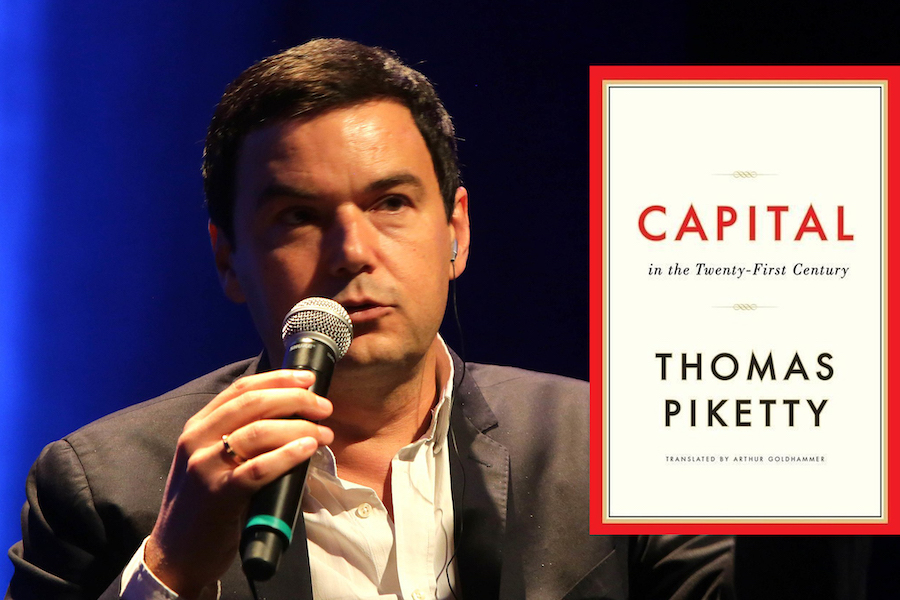 Man speaking into microphone, as at a conference, with overlaid book cover of "Capital in the Twenty-First Century," by Thomas Piketty.