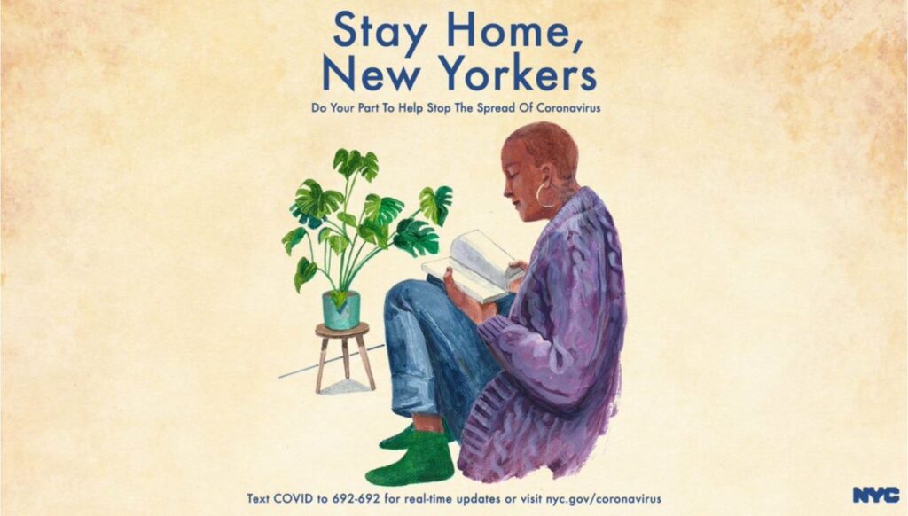An illustration of a Black person, wearing comfortable clothes, seated and reading a book with a houseplant in the background. Text reads: Stay Home, Yew Yorkers. Do your part to help stop the spread of coronavirus.
