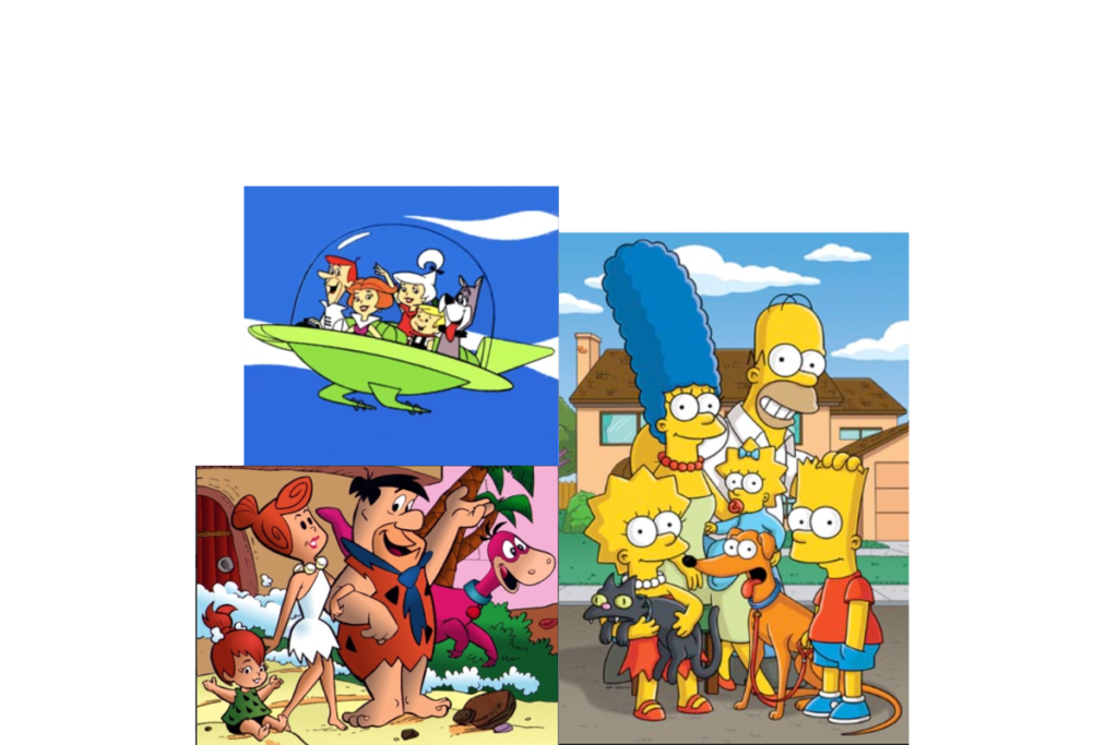 Images of three families from classic cartoons: The Simpsons, The Flintstones, and the Jetsons. All three family images include a father, a mother, one or more children, and at least one pet.